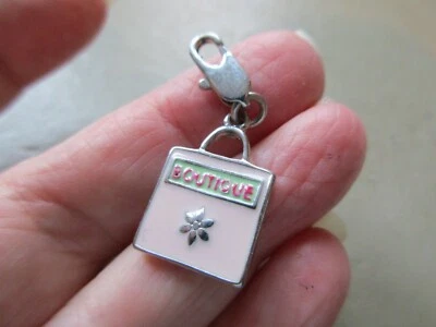 VINTAGE SILVER TONE PINK ENAMEL BOUTIQUE SHOPPING BAG CLIP ON CUTE CHARM PENDANT - Image 1 of 4