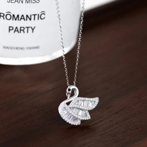 925 Sterling Silber Damen Schwan Halskette mit Eleganten Diamant Silberschmuck - Picture 1 of 5