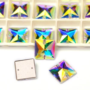 Glass Crystal AB Square Sew ON Strass Loose Rhinestones Flat Back Sewing Beads - Picture 1 of 12