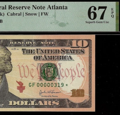 2004A $10 Federal Reserve Note Atlanta PMG 67EPQ 3rd finst low serial Fr 2039-F* - Image 1 of 3