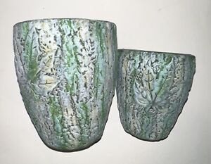 American Best Earthy Blue Green Flower Pots- Set Of 2 With Leaf Design