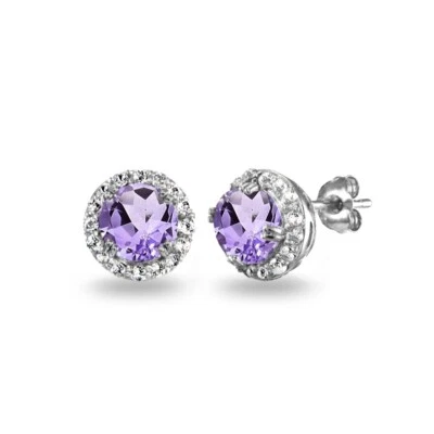 Halo Amethyst and White Topaz Stud Earrings in Sterling Silver - Image 1 of 3