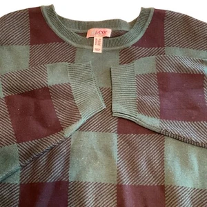 Maglione pullover jacquard a quadri verde/nero Denim & Co 2XL spacco laterale A555517 - Foto 1 di 5