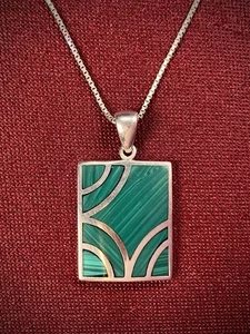 Sterling Silber Malachit Inlay Anhänger + Box Gliederkette — mit Original Box - Bild 1 von 9