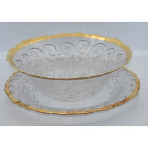 Italian 3D Scrolled Gold Gilded Rimmed Serving Punch Salad Bowl & Platter Set - Picture 1 of 9