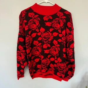 Vintage Rainbow Ridge Pixelated Floral Rose Sweater Size Medium Red & Black - Bild 1 von 5