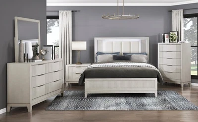 NEW LED 5PC White Ivory Queen King Upholstered Modern Bedroom Set Bed/D/M/N/C - Image 1 of 4