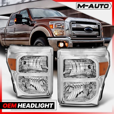 For 2011-2016 Ford F250 F350 Super Duty Chrome Amber Headlight Lamps Pair LH+RH - Image 1 of 4