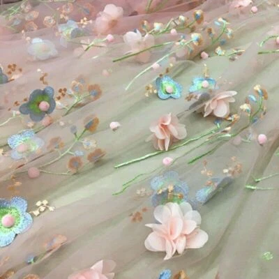 Lace Embroidery Fabric Flower Mesh Voile Tulle Floral Dress Skirt Curtain 3D DIY - Image 1 of 4