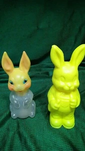 VINTAGE BLOW MOLD EASTER BUNNIES YELLOW & CLEAR 6 1/2"&5 3/4" TALL CANDY HOLDER - Picture 1 of 5