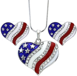 USA American Flag Heart Patriotic 4th of July Pendant Necklace Dangle Earrings - Picture 1 of 22