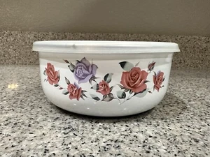Enamel Bowl with Lid Purple and Red Rose Print - Picture 1 of 7