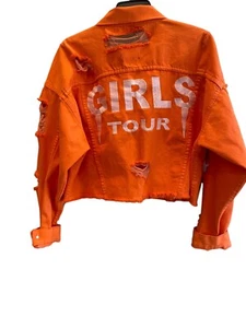 Girls Tour Distressed Orange Denim Crop Jacket M Goth - Picture 1 of 7