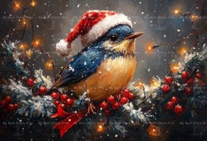 BIRD IN SANTA HAT ART PRINT, Holiday Home Decor, Christmas Bird Poster E529 - Picture 1 of 1