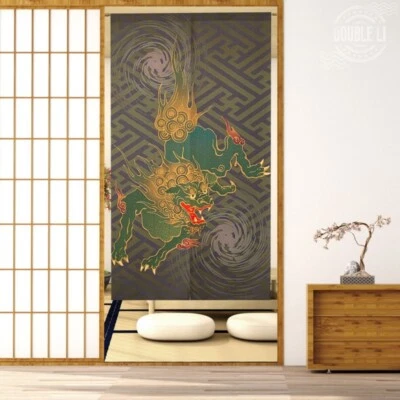 JAPONÉS Noren Puerta Cortina Puerta Colgante Tapiz Bestia de la Suerte China Unicornio Foto 1 de 4