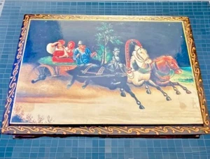 BOYARINOFF RUSSIAN LACQUER  TEA BOX TROIKA SLEIGH FIGURES HORSES Handcrafted - Picture 1 of 6