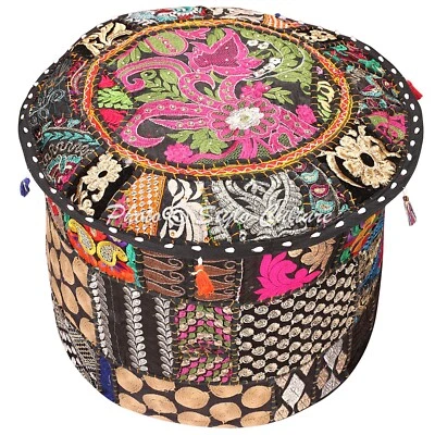 Round Pouf Ottoman 18 in Ethnic Patchwork Pouffe Poof Floor Pillow Foot stool - Image 1 of 4