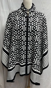NWOT Anne Klein Black White Geo High Collar Full Zip Cape Wrap Poncho sz XL - Picture 1 of 4