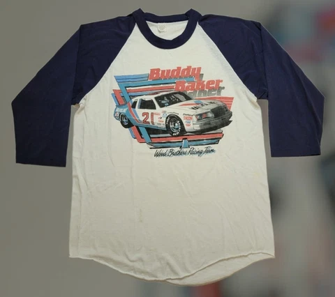 Vintage Racing Shirt 80s Buddy Baker #21 Wood Brothers Team NASCAR Raglan Large Cover