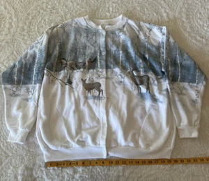 90s AOP Large Glittery Christmas Deer Snow Trees Cardigan Sweatshirt Pockets - Bild 1 von 10