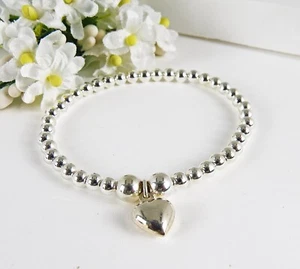 925 Sterling Silver Heart Charm Bead Stacking Bracelet A Gift For Mothers Day - Picture 1 of 5