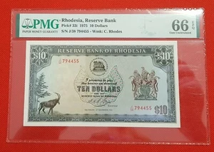 1975 RHODESIA10 DOLLARS 33i LION/LIONESS PMG 66 EPQ GEM UNCIRCULATED J/38 794455 - Picture 1 of 6