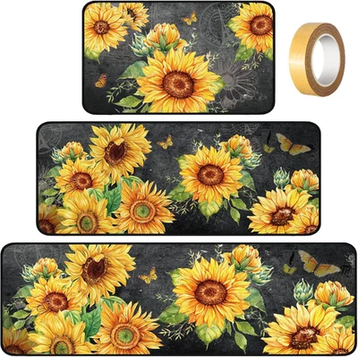 Juego de 3 alfombras y tapetes de cocina de girasol alfombras de cocina antideslizantes lavables Sunf... Foto 1 de 4