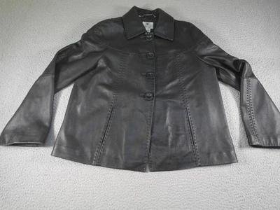 Chaqueta Worthington de cuero genuino de piel de cordero para mujer grande negra botón de motociclista Foto 1 de 4