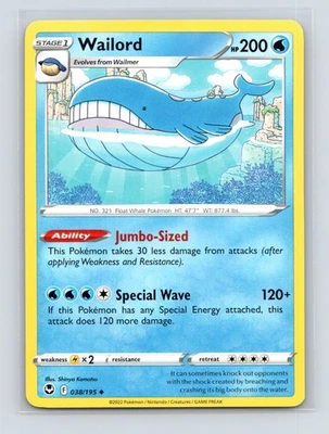 Pokémon TCG Wailord 038/195 SWSH12: Silver Tempest Normal NM - Image 1 of 2