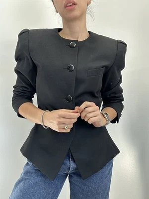 Blazer Kasper Vintage Años 80 Negro Ajuste y Acampanado Peplum Hombros Estructurados Talla S/M Foto 1 de 4