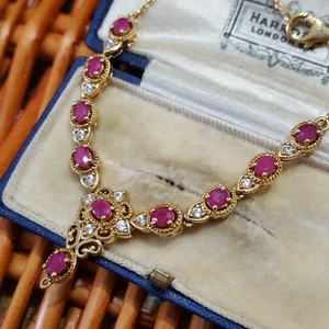 925 Sterling Silver Necklace, Natural Ruby Necklace, Victorian Style, 3.9ct,Gold - Picture 1 of 8