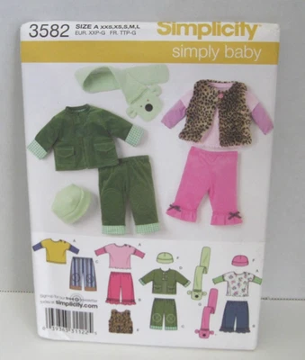 Simplicity 3582 Jacket/Vest, Pants, Top, Hat, Scarf Pattern Infant XXS - L Uncut - Image 1 of 2