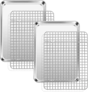 Baking Pan with Rack Set (2 Pans + 2 Racks), Stainless Steel Cookies Sheet Bakin - Picture 1 of 12