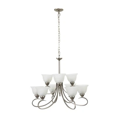 YHD 9-Light Chandelier, Steel Satin Nickel, Modern w/ White Etched Glass - Image 1 of 4