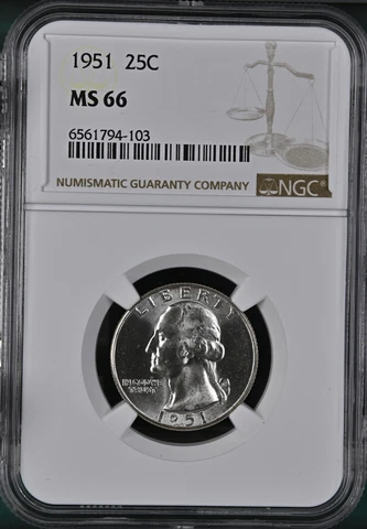 1951-P S25C WASHINGTON QUARTER NGC NEAR SUPERB BU MS 66 RARE R3 HIGHEST GRADES Cover