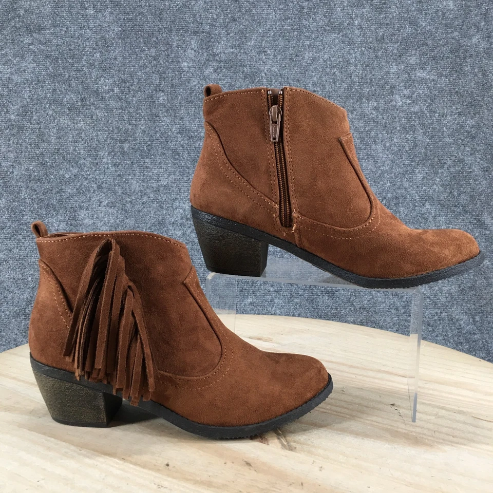 Faded Glory Boots Womens 6 Fringe Casual Zip Ankle Bootie Brown Fabric Heels - Image 1 of 4