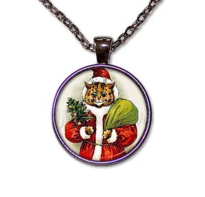 Santa Tabby Cat - Handmade ROUND Glass Pendant Necklace GUNMETAL BLACK - Picture 1 of 5