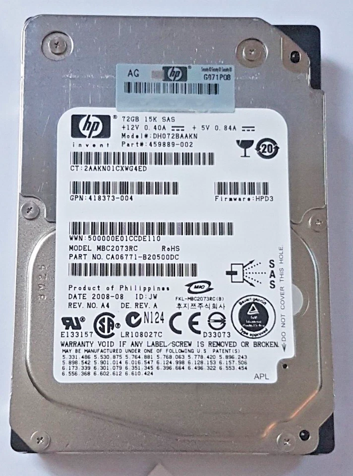 72 GB SAS HP DH072BAAKN / MBC2073RC 15000 RPM 16MB HDD 2,5" Disco Rigido Interno - Immagine 1 di 1
