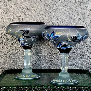 Handbemalte Vögel Kraniche Blumen Martini Glas Mexiko El Palomar Tonala Stil - Bild 1 von 13