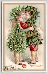 Seltene John Winsch Weihnachts-Postkarte 1910 The Kiss Mistletoe Girl, Holly Boy UNP - Bild 1 von 3