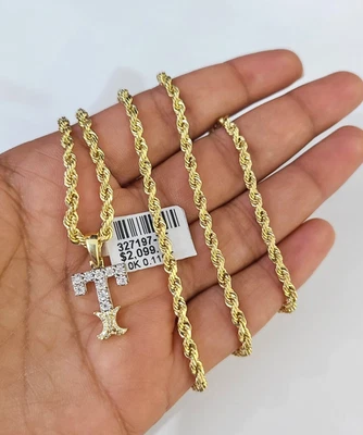 Cadena cuerda oro 10k T diamante alfabeto encanto collar conjunto 2 mm 18"-28" colgante Foto 1 de 4