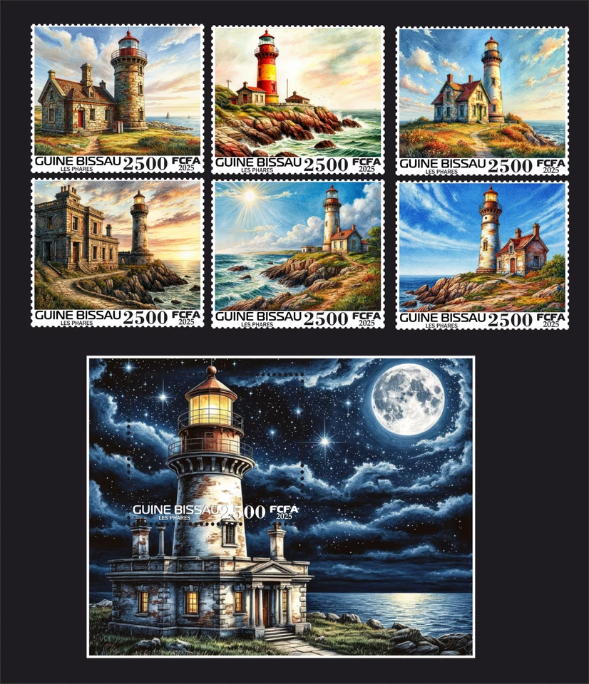 Stamps. Lighthouses 6 stamps + block perforated NEW 2025 year - Image 1 of 1