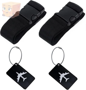 Koffergurt 2er Set Schwarz Verstellbar Rutschfest + 2 Namensschilder Kofferband - Bild 1 von 6