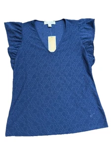 Michael Kors Ruffle Sleeve V Neck Top Women S New! Midnight Blue! Retail $88 - Picture 1 of 14