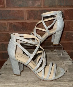 Jessica Simpson Stassey Block Heels Shoes Size 6 Silver Sandals Pageant Prom Box - Picture 1 of 12