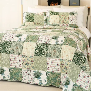Summer Floral Queen Quilted Bedspread,Romantic Green Quilt Set,Reversible Sti... - Picture 1 of 7