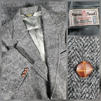HARRIS TWEED 100% Scottish Wool Herringbone Blazer Size 38S Gray Sport Coat  - Image 1 of 4