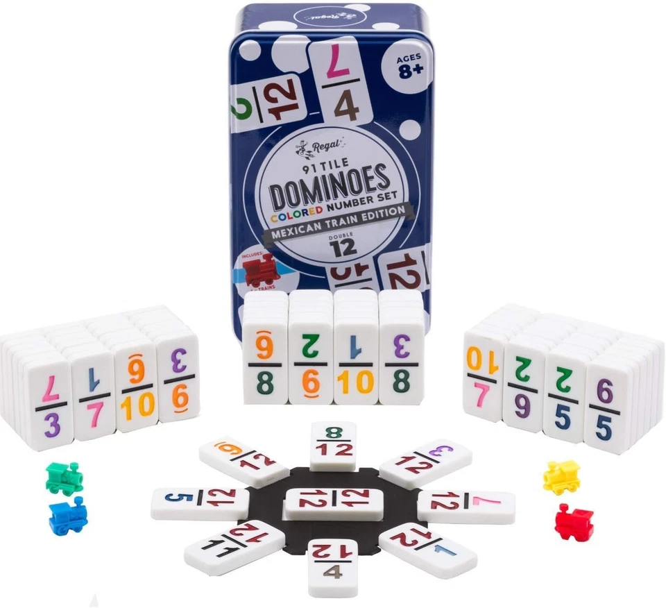 Regal Games Double 12 Colored Number Dominoes Mexican Train Game Set With Hub 4