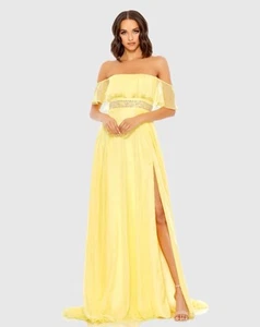 New Mac Duggal Size 0 Yellow FLOWY OFF-THE-SHOULDER Beaded Cocktail GOWN Dress - Picture 1 of 11