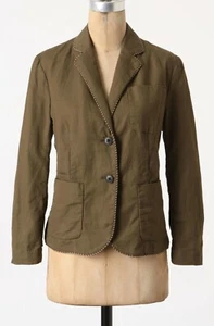 Cartonnier Cotton Linen Piped Boy Blazer Jacket Size 0, 4 Green NW ANTHROPOLOGIE - Picture 1 of 8
